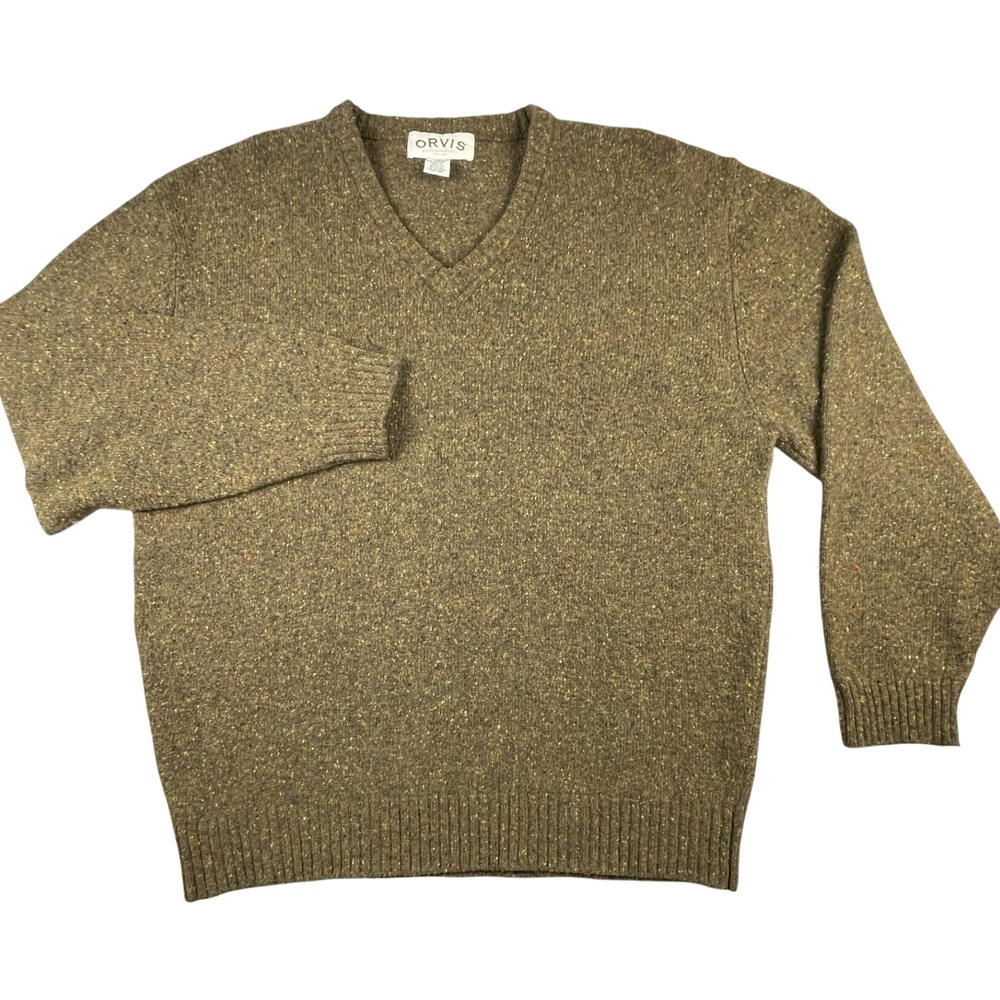 Orvis Sweater Mens XL Green Donegal Lambswool V-Neck Pullover Tweed Knit